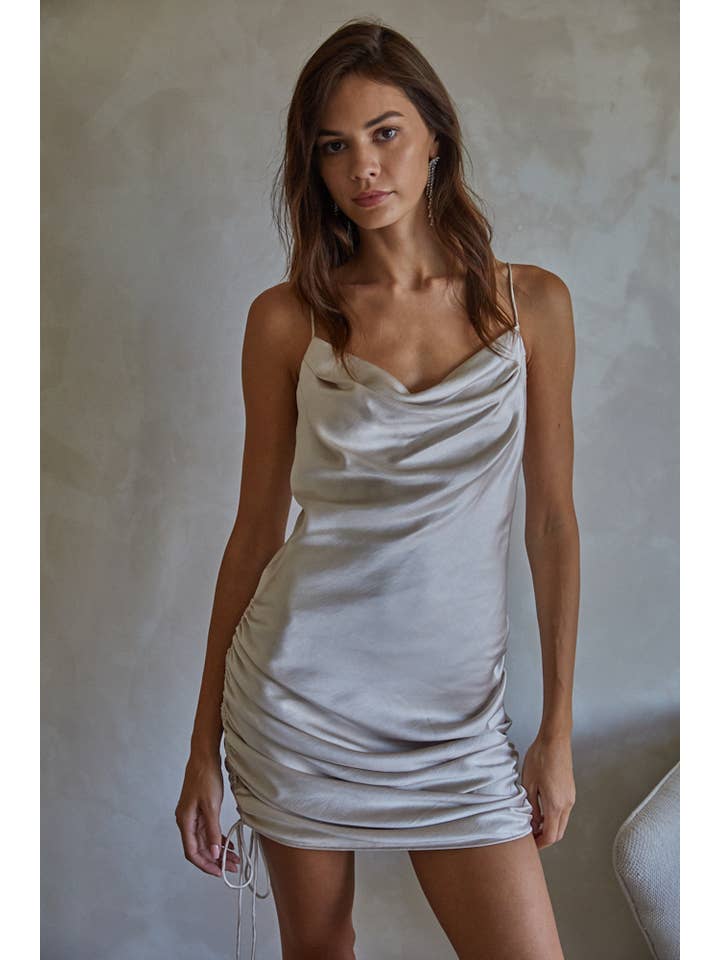 By Together - Wholesale Dress - Women's - L5847 | Woven Cowl Neck Side Ruched Mini Dress