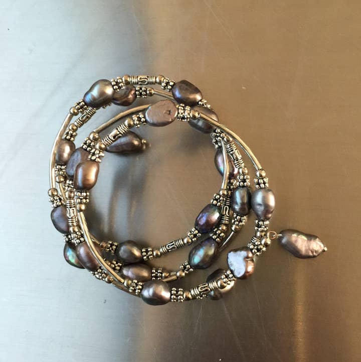 101B- Black (Grey) Freshwater Pearl Wrap Bracelet for wholesale by Sea Lily