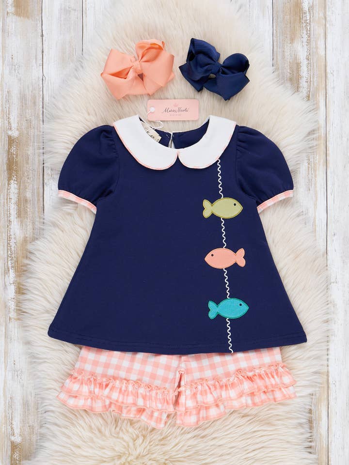 Marie Nicole Clothing - Wholesale Top & Short Set - Kids - Gingham Embroidered Fish Ruffle Outfit