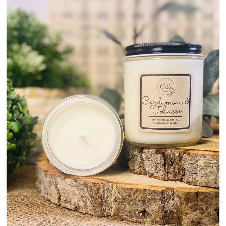 Cardamom & Tobacco Scented Soy Wax Candle Handmade 8 oz for wholesale by Citta Candle Company Ltd.