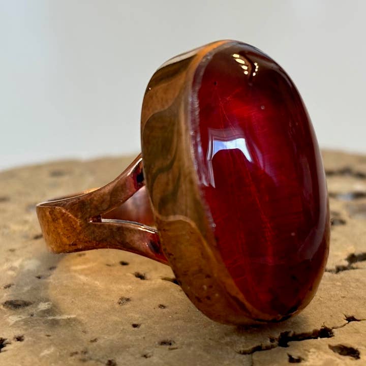 Copper and Oval Red Copal Adjustable Ring for wholesale by Moosepablos, Inc.
