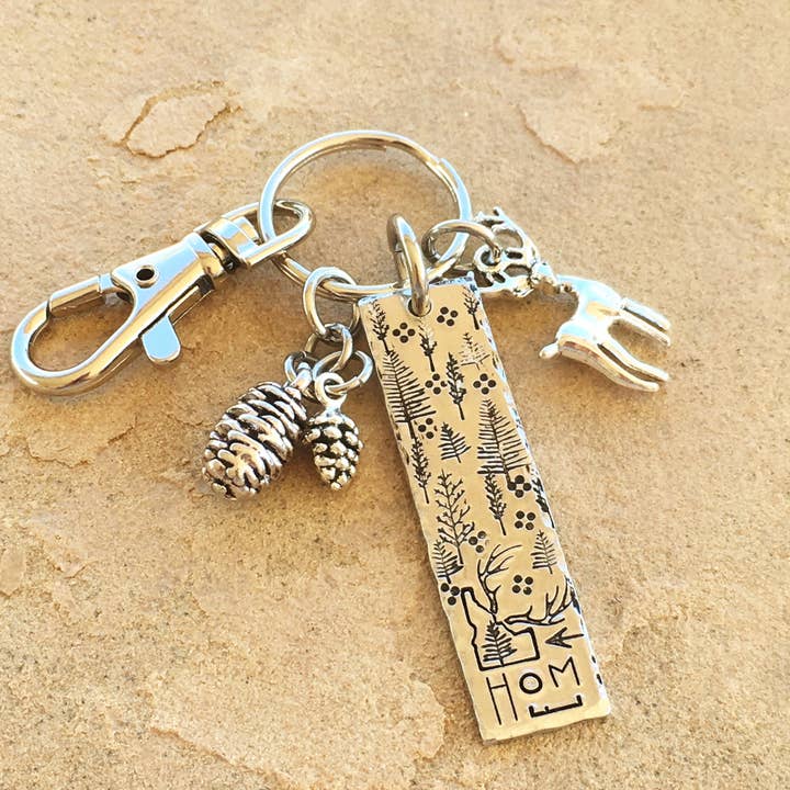 Idaho Home Deer Forest Charmed Tag Keychain for wholesale by Stamped Serendipity