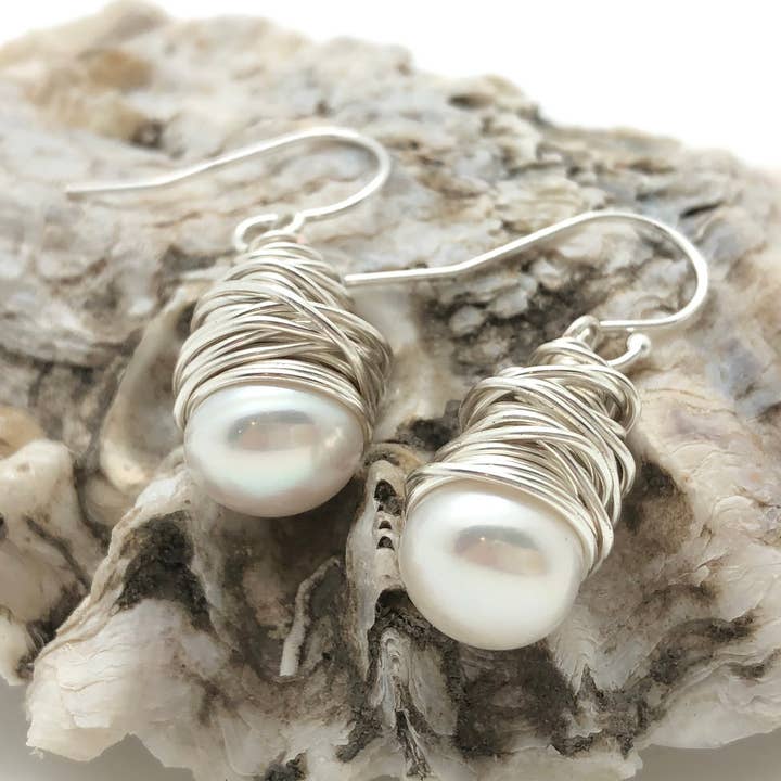 Wire Wrapped Pearl Earring for wholesale by Just for Pearls