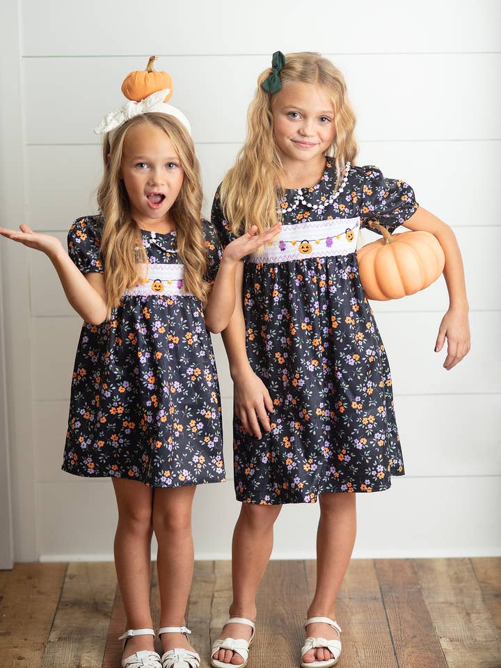 Wren & James - Wholesale Dress - Kids - Kids Halloween Pumpkin Candy Smocked Puff Sleeve Fall Dress