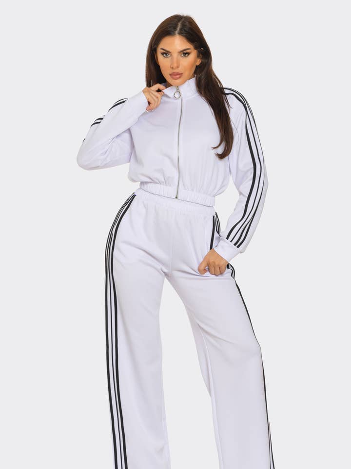 Julia by LoveJ - Wholesale Top & Pant Set (NOT Loungewear) - Women's - Side Stripe Tapping Details Zip Up Jacket and Pants Set