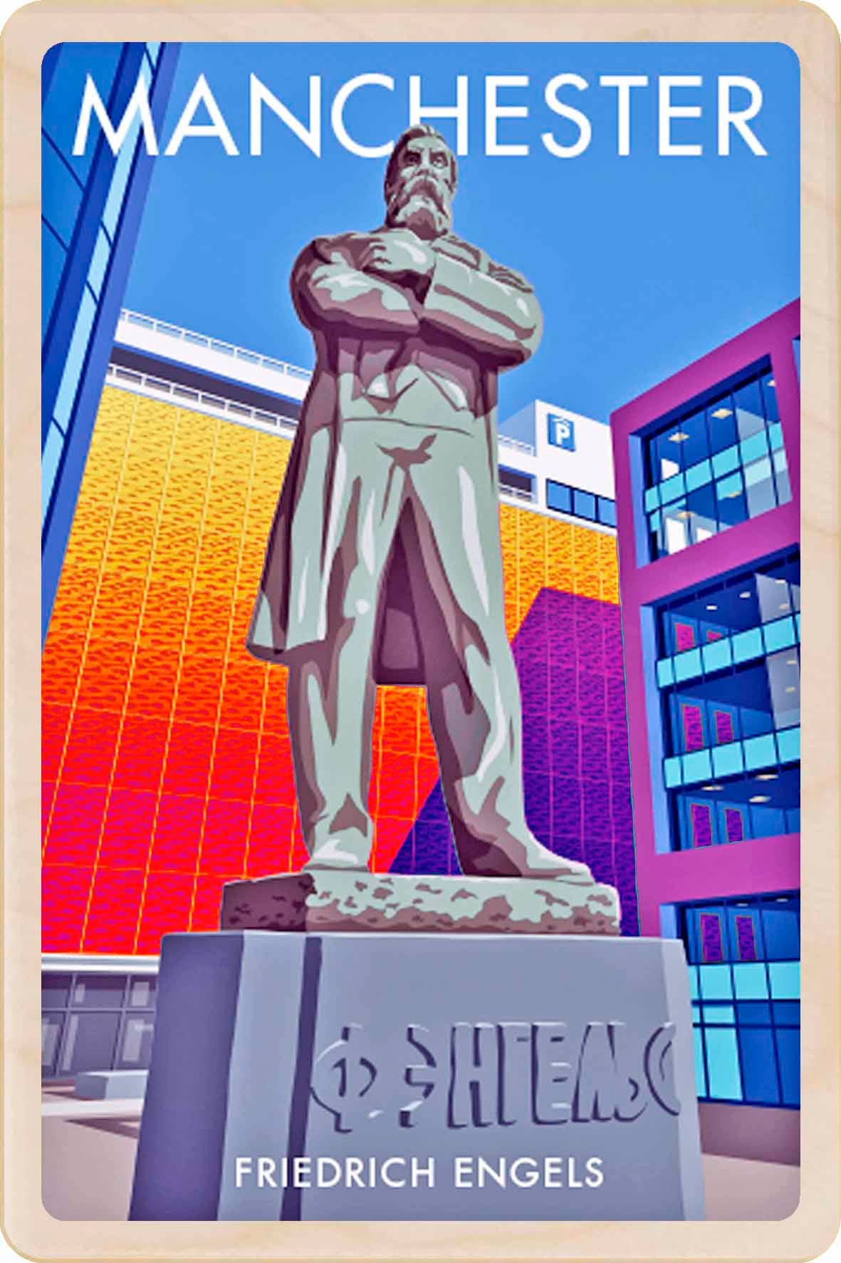 THE WOODEN POSTCARD COMPANY – Engroshandel Postkort – Engels Statue, Manchester - Miljøvenlige kort og magneter0