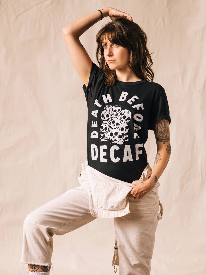 Pyknic - Wholesale Screen Printed T-Shirt - Unisex - Death Before Decaf Coffee Vintage Style Graphic Tee Adults5