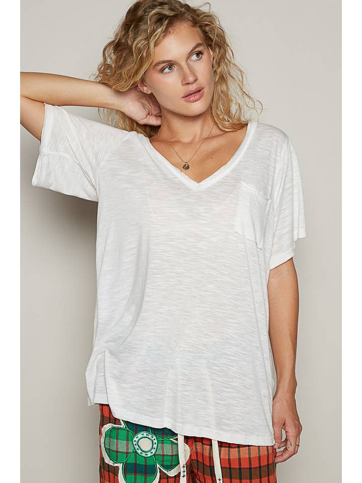 Pol Clothing - Wholesale Tunic - Women's - V-neck short sleeve casual knit chest pocket slub tee SALE