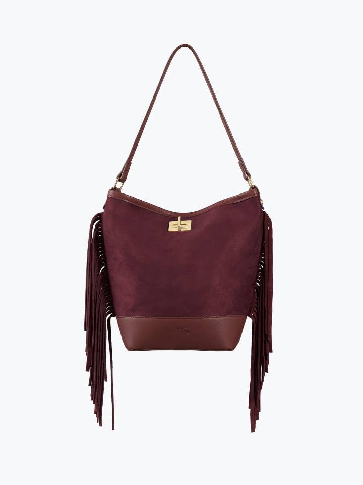 Schultertasche aus Wildleder mit Quasten in Burgunderrot für den Großhandel von JUSTE
