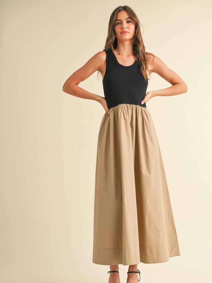 MIOU MUSE - Wholesale Dress - Women's - D4455 RIBBED TOP WOVEN SKIRT COMBO DRESS