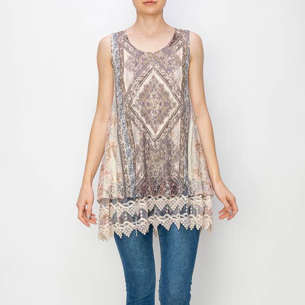 OLS-4481 BG/LINED ALL LACE TUNIC WITH LACE LAYER for wholesale by Origami Apparel ~ Lace and Crochet inspired