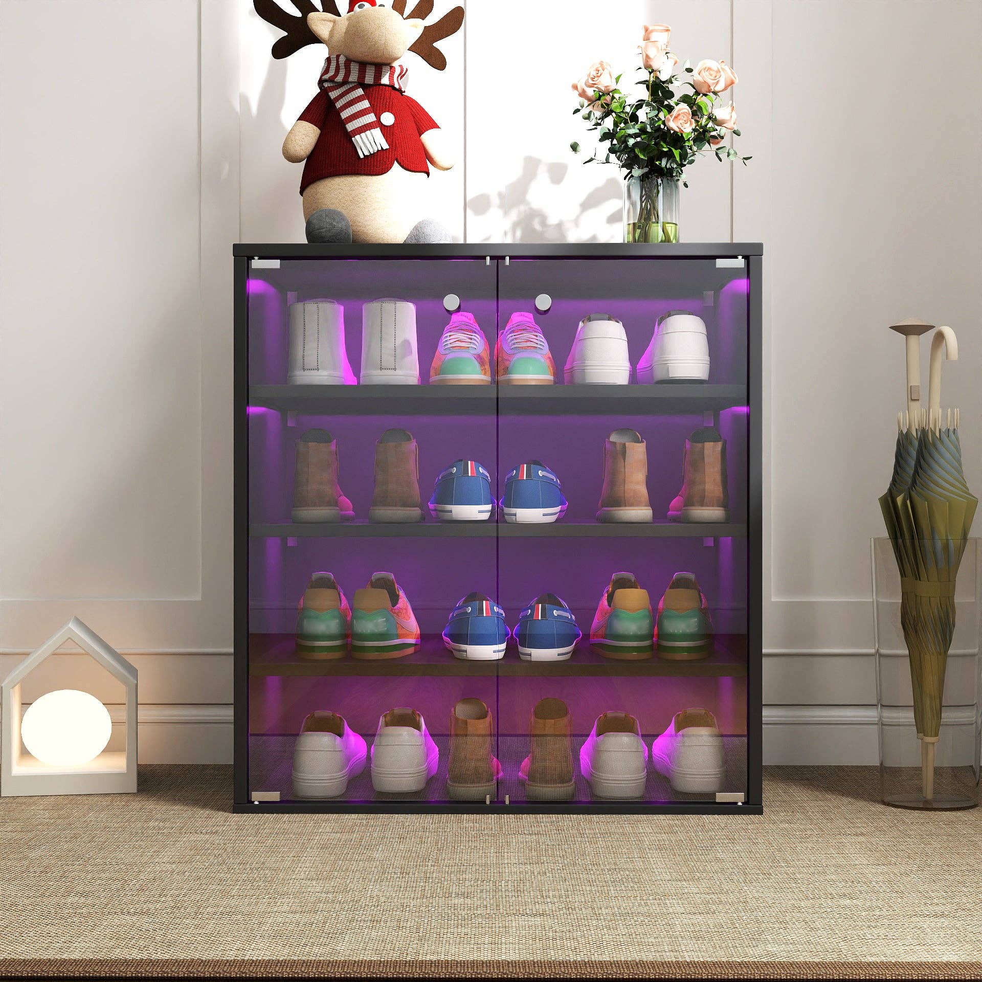 HOMYCASA DESIGN INC - Wholesale Shoe Rack - Black Salon 4-Tier Storage Display Cabinet & RGB LED Light0
