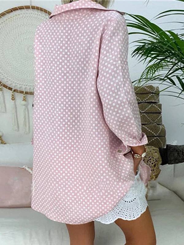 UZ Wholesale Store - Wholesale Tunic - Women's - Long Sleeves Loose Buttoned Polka-Dot Lapel Blouses&Shirts Tops