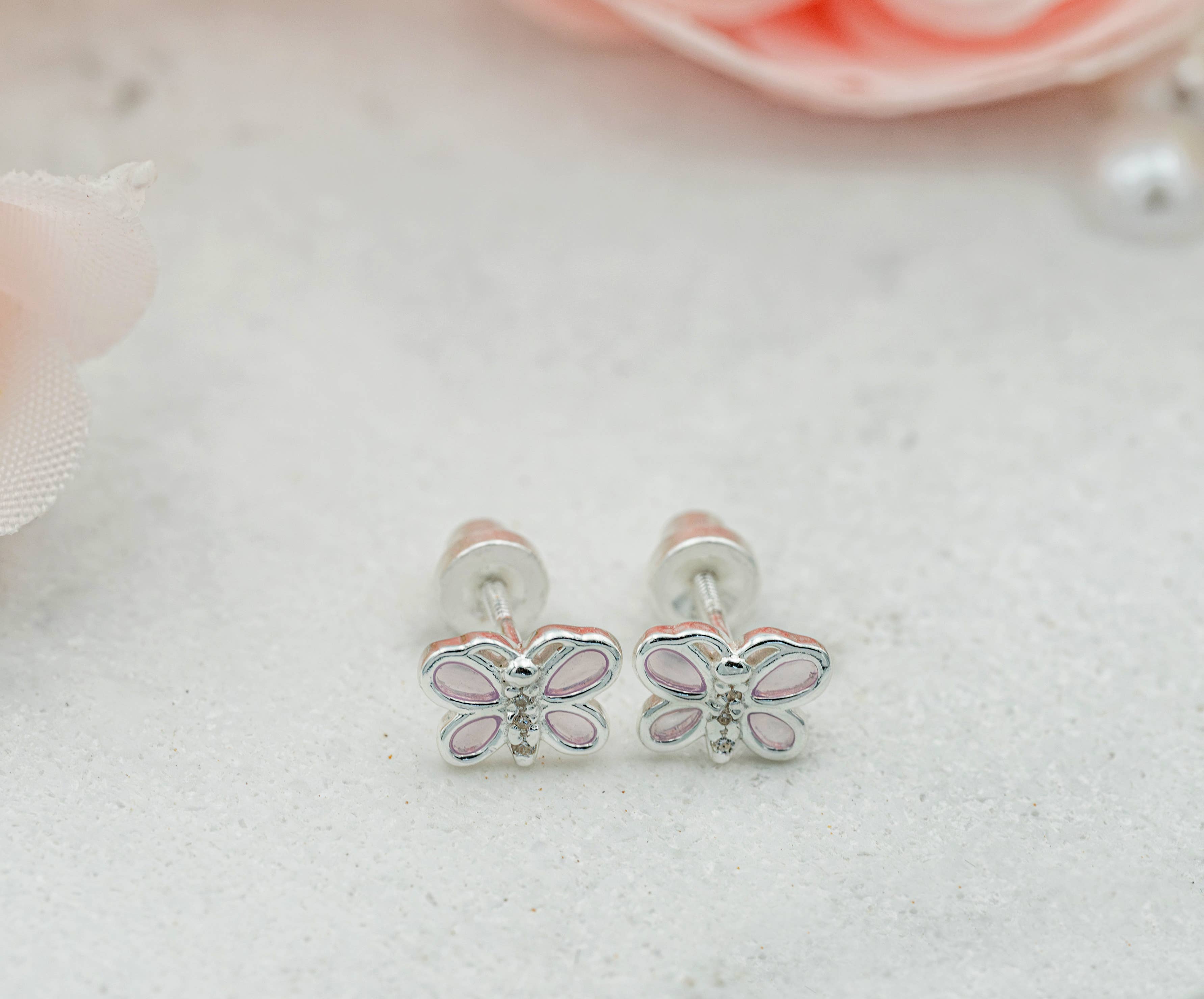 Cherished Moments – brincos - Crianças por atacado – Brincos de borboleta rosa com rosca para meninas em prata esterlina3