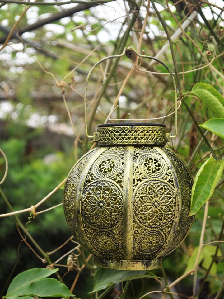 Moroccan Solar Powered Antique gold brushed lantern for wholesale by Marissa's Gifts