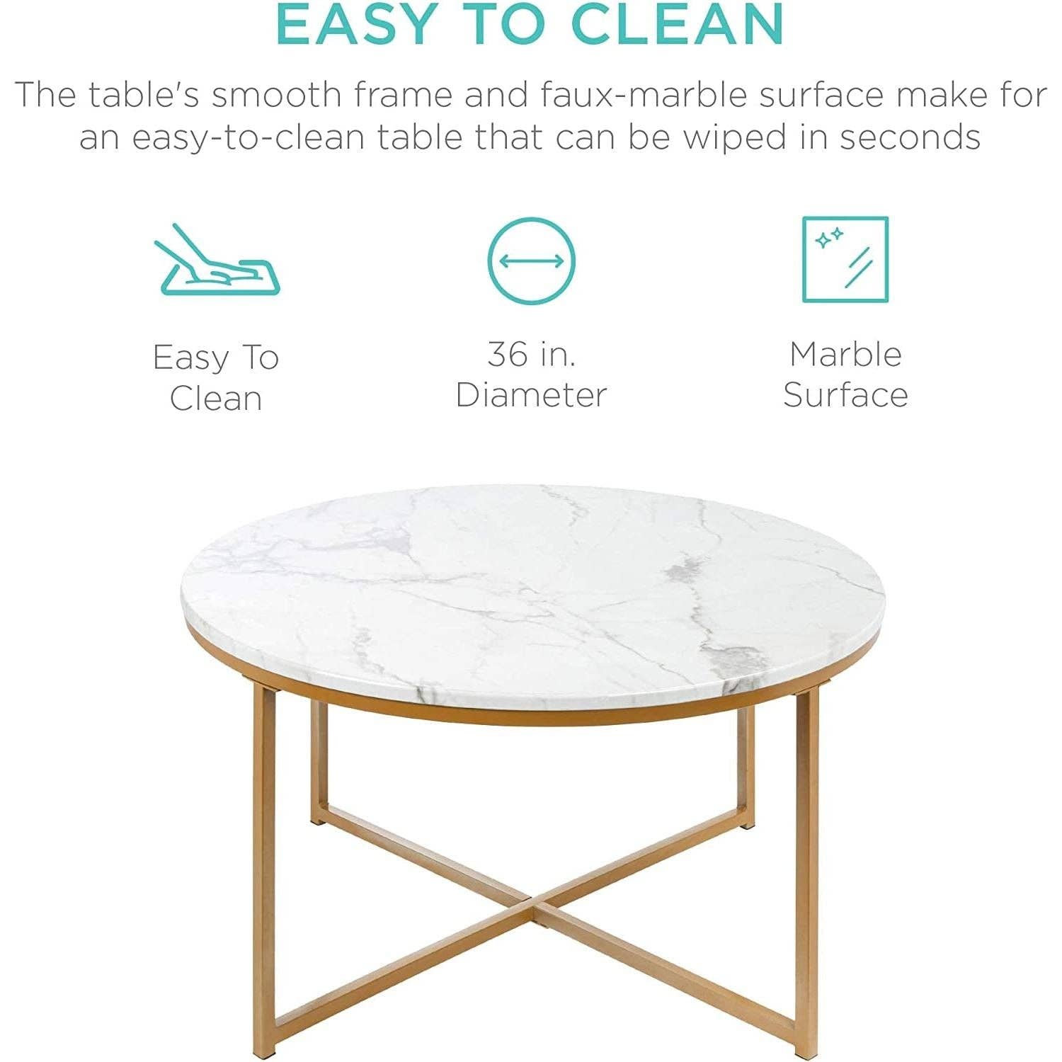 Gold Round Coffee Table With Faux Marble Top Cross Leg Design for wholesale on Faire3