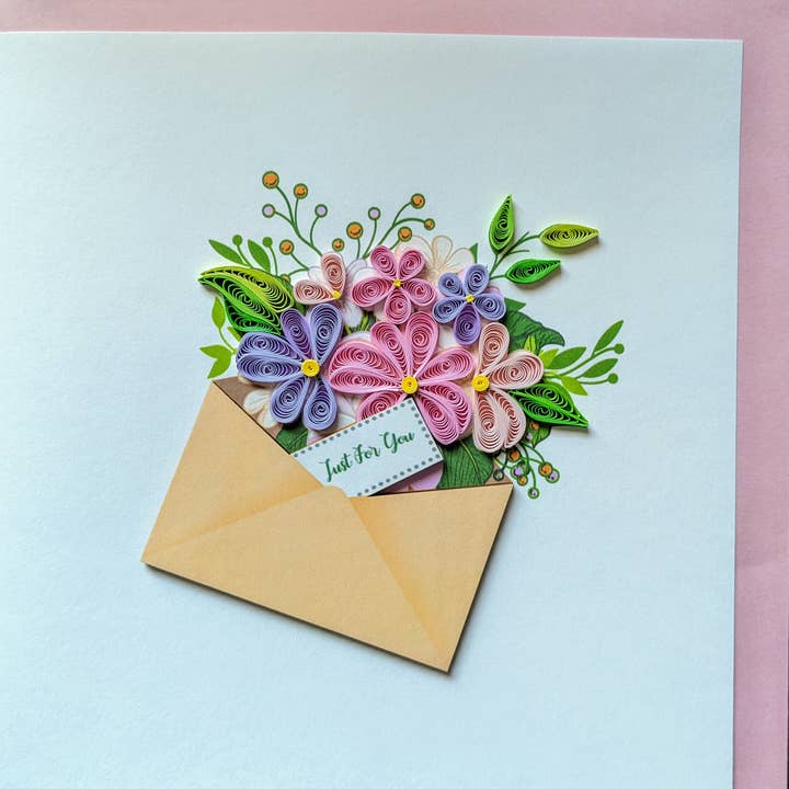 Blue Bird Cards - Wholesale Love Card - Just for You Floral Envelope Quilling Card