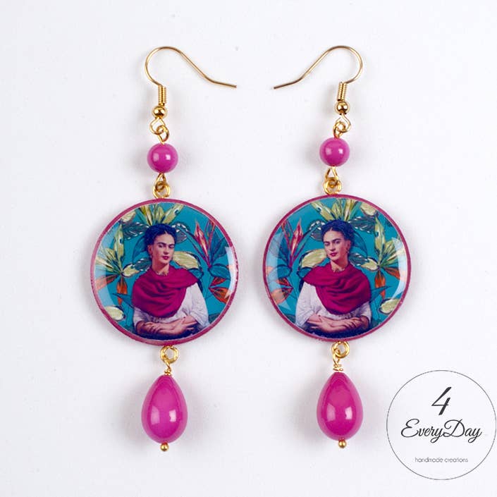 Wood and resin earrings - Frida Kahlo round hibiscus for wholesale by 4everyday Handmade