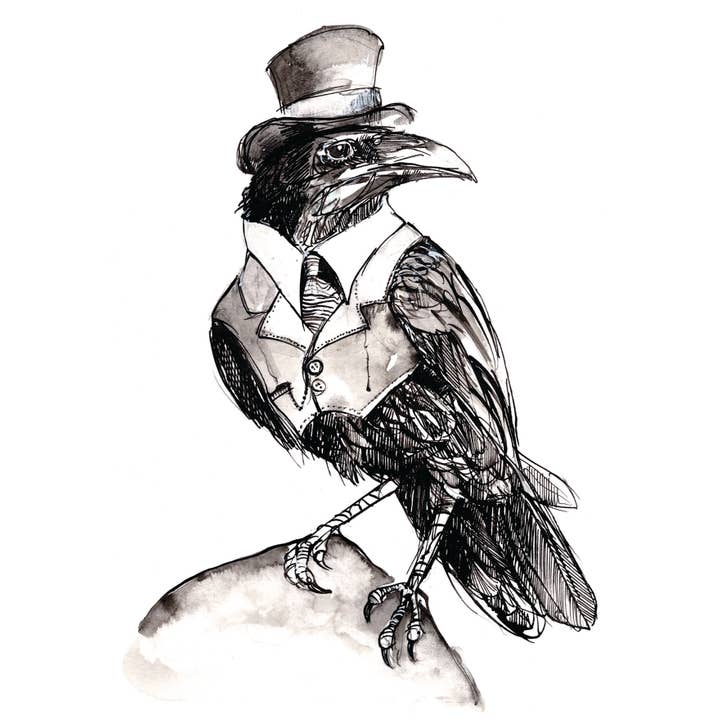 CreativeWithLine - Wholesale Everyday Greeting Card - Crow In a Top Hat. Blank art card