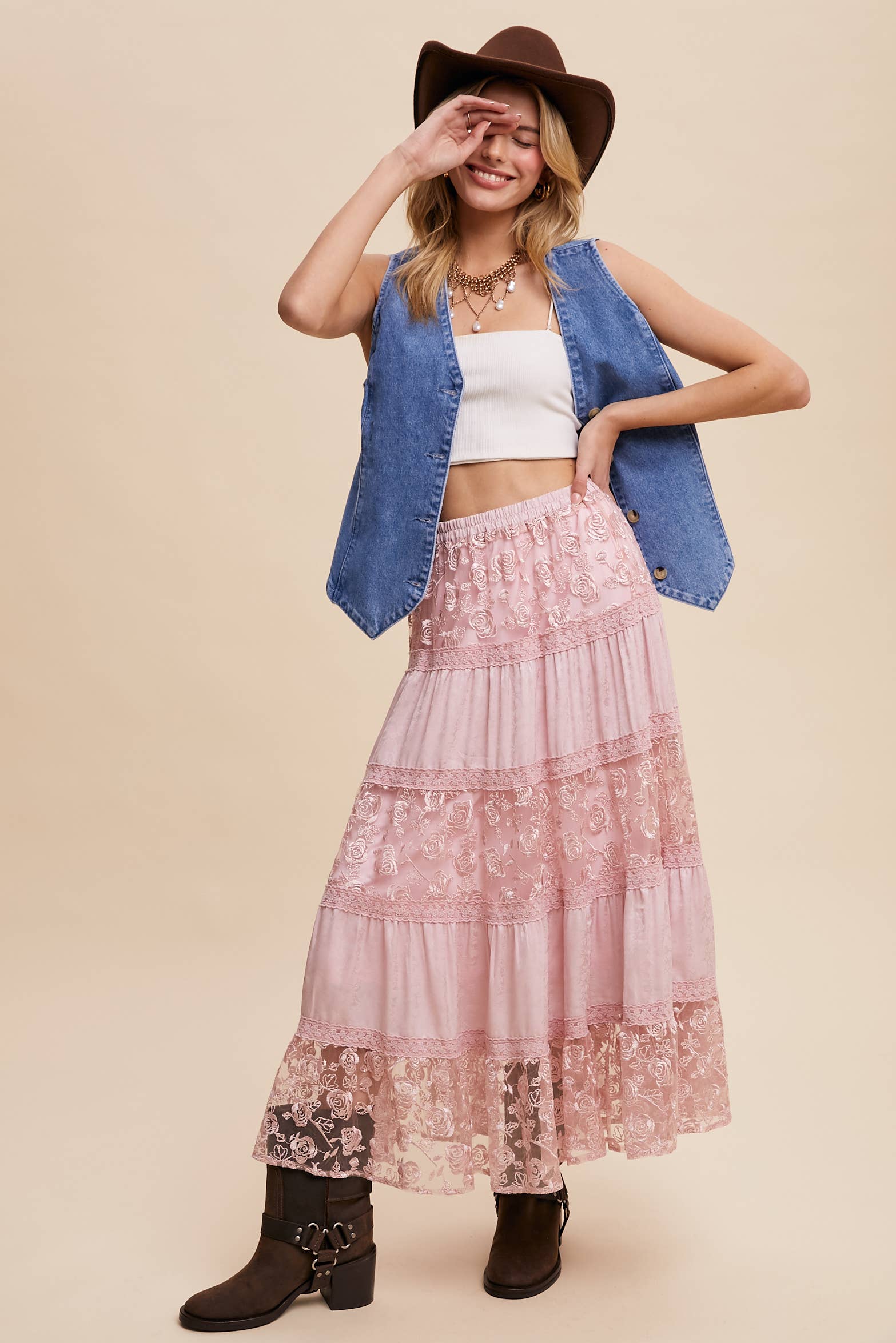 Listicle - Vente Jupe – femme - Jupe longue à volants brodée de fleurs7