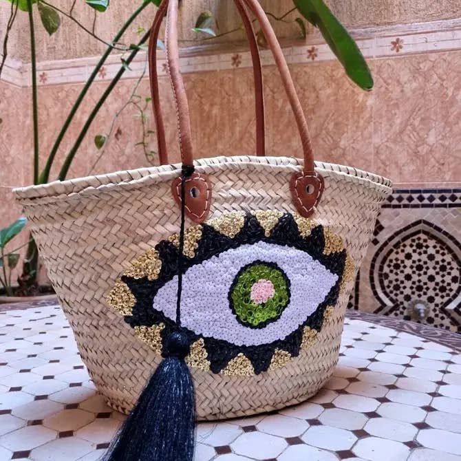 French basket tote bag full sequins with big evil eye pattern for wholesale by Terracotta Design LTD