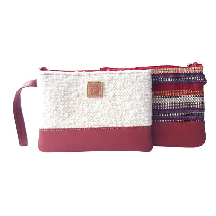Achiote Wool/Cotton/Leather Handmade Pouch White and Red for wholesale by Achiote Guatemalan Goods