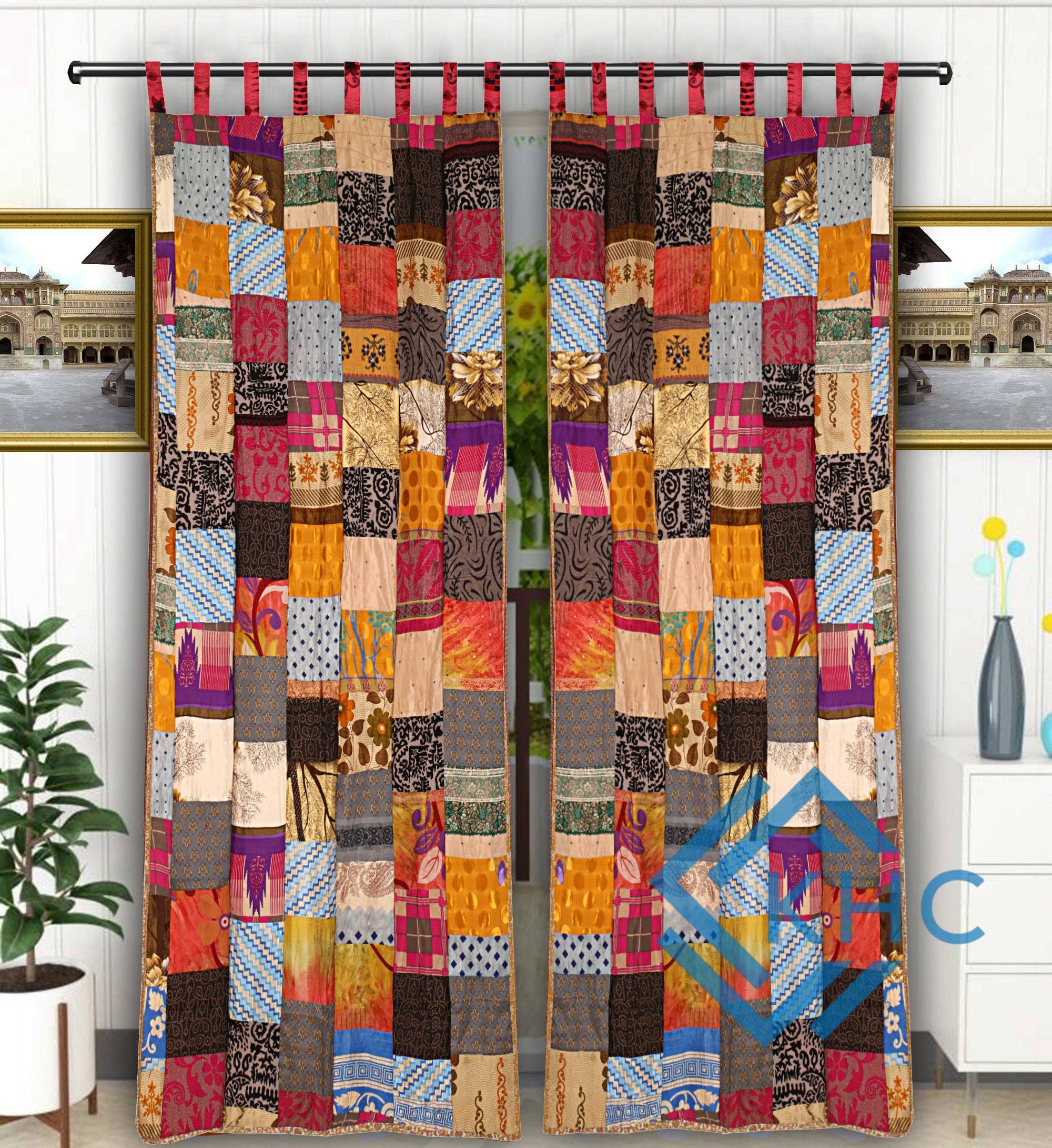 KHC - Wholesale Curtain - Vintage Recycled Silk Saree Patchwork Curtain1