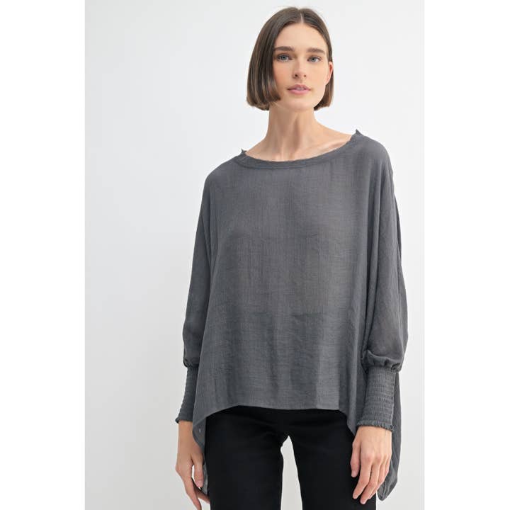 SOLID OVERSIZED TOP WITH SMOCKED CUFF SLEEVE for wholesale by FUN2FUN