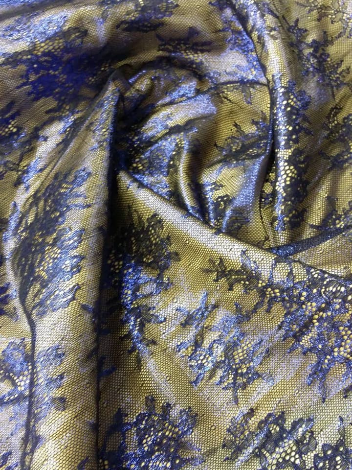 Tecido de Renda Preta com Glitter Azul Royal por Metro por atacado de Lace To Love