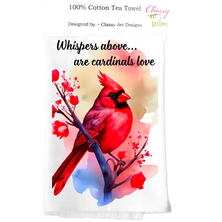 Cardinal Lover Bird Floral Watercolor Cotton Tea Towel Gift for wholesale by Classy Art Designs, LLC