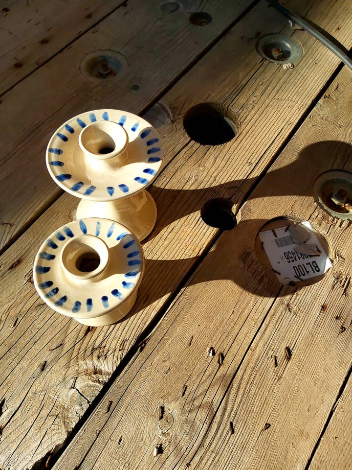 Blue brushed candle holder. for wholesale by Cerámica Roca Caus