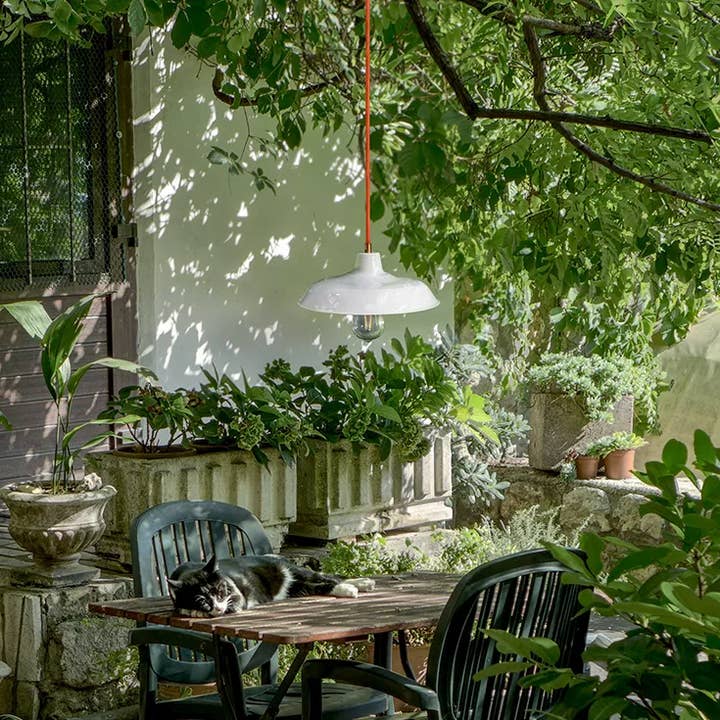 GABRIELLE WHITE ENAMELLED AND ROUND ORANGE OUTDOOR PENDANT for wholesale by REMINISCENCE HOME