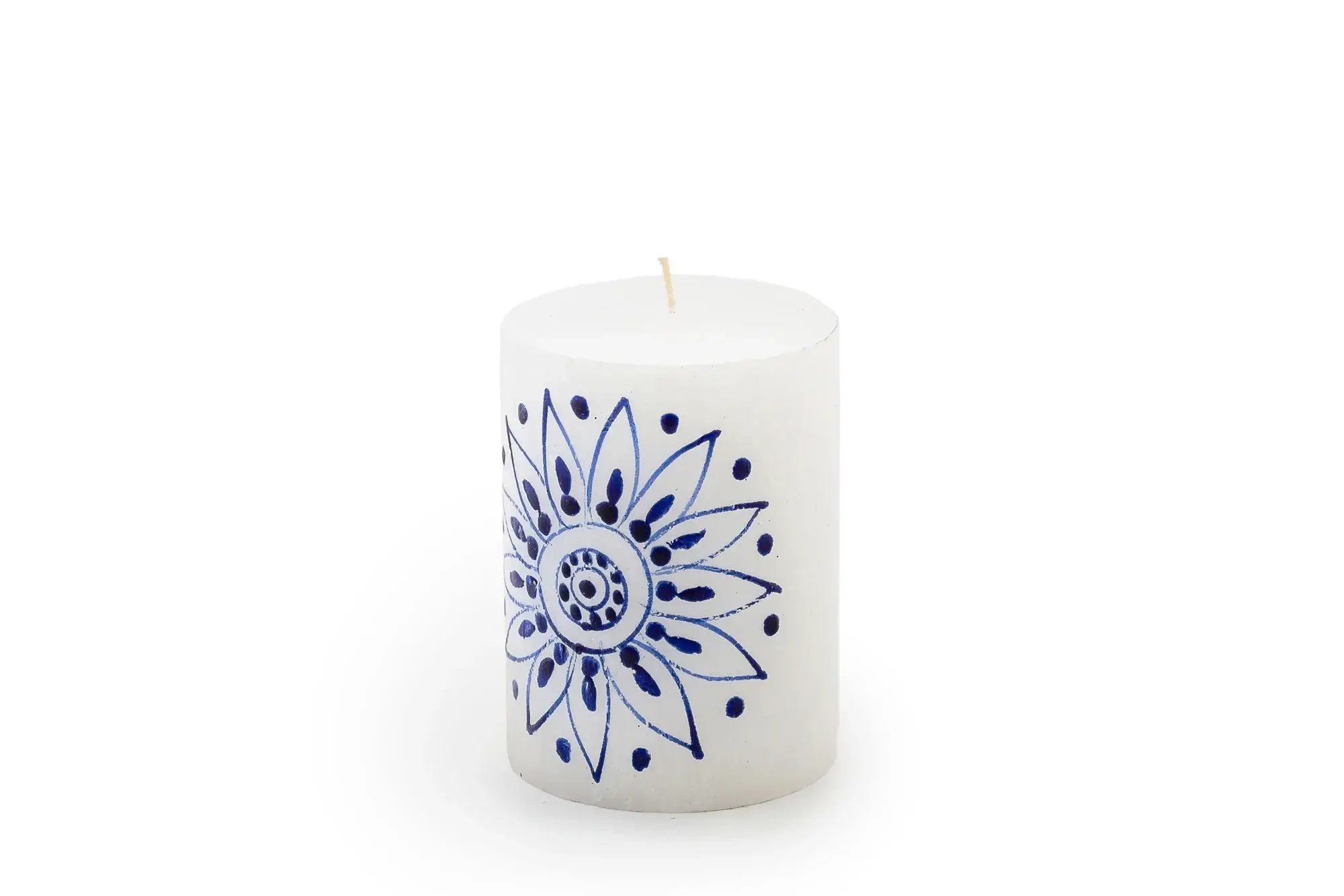 Thumbprint Artifacts - Wholesale Tapered Candle/Candlestick - Henna Blue on White Candle1