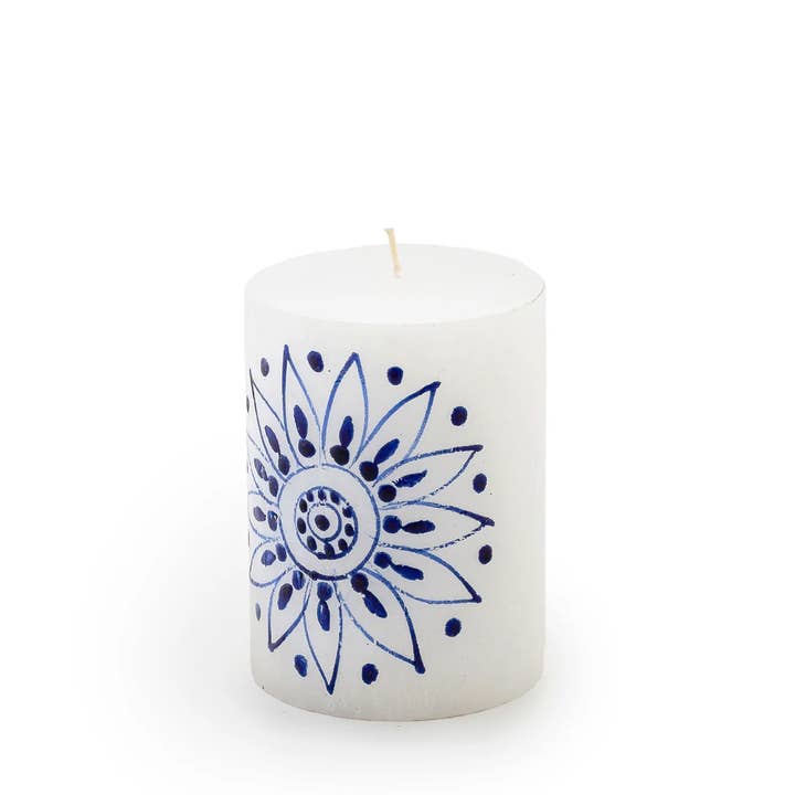 Thumbprint Artifacts - Wholesale Tapered Candle/Candlestick - Henna Blue on White Candle1