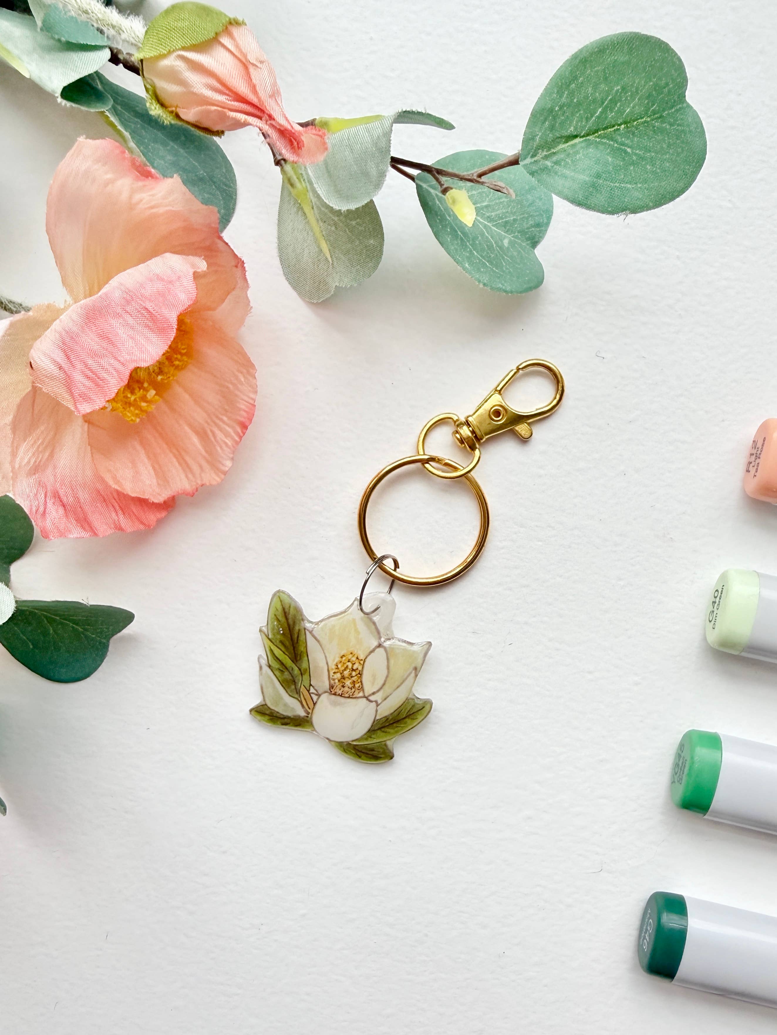 D. Prince Designs - Wholesale Keychain - Women's - Hand-Illustrated Southern Magnolia Flower | Handmade Acrylic + Resin Keychain3