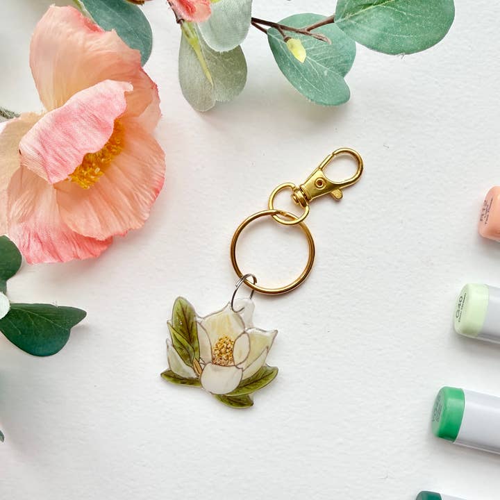 D. Prince Designs - Wholesale Keychain - Women's - Hand-Illustrated Southern Magnolia Flower | Handmade Acrylic + Resin Keychain3