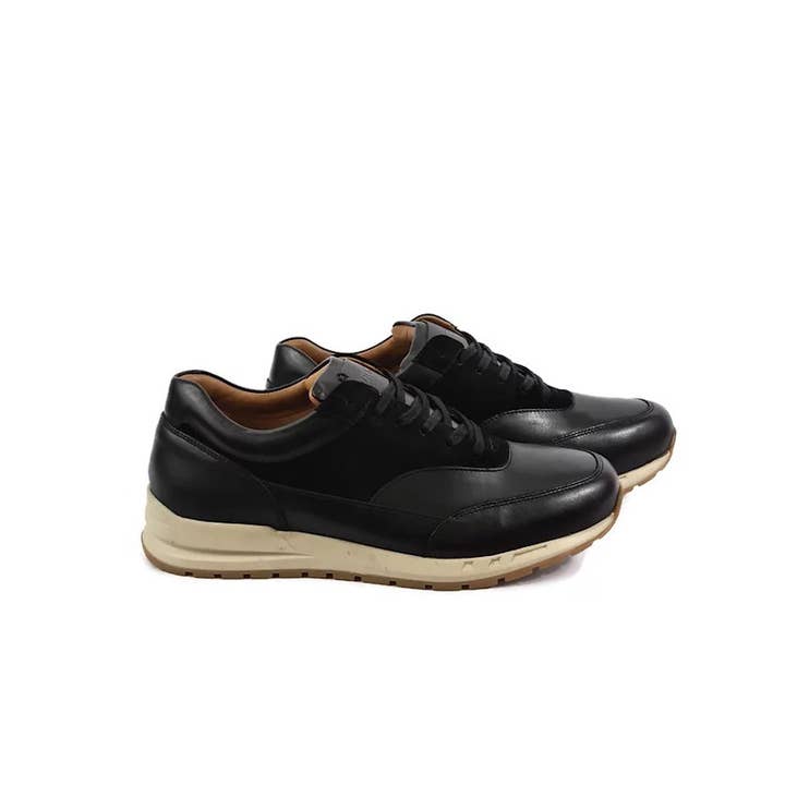 Handcrafted Classic Men's Full-Grain Leather & Suede Trainers in Black for wholesale by Presence