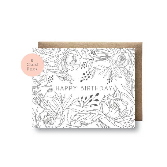 8-kortboxad uppsättning - HBD Poppy Dreams för wholesale av Maija Rebecca Hand Drawn