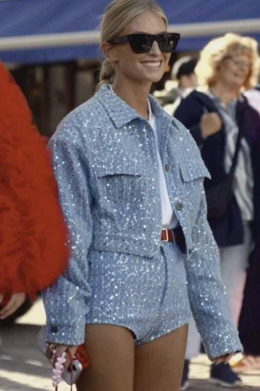 BLUE sequins crop denim jacket and shorts set for wholesale on Faire4