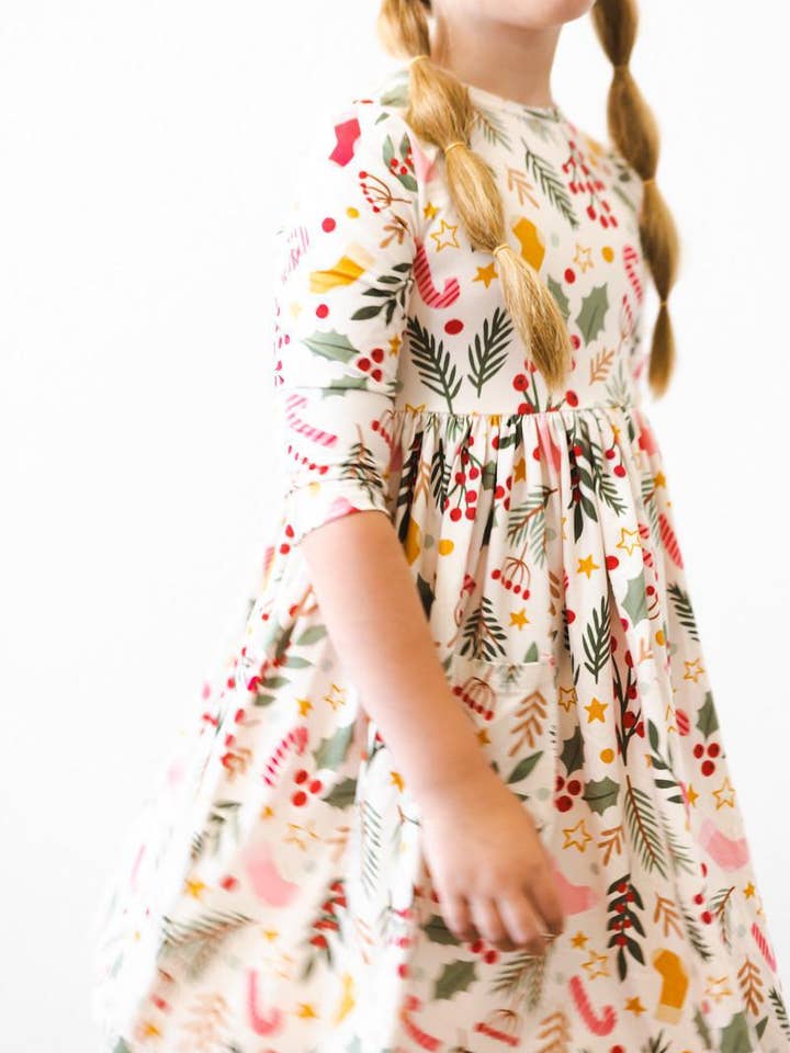 Mila & Rose - Wholesale Dress - Kids - Holly Jolly Christmas 3/4 Sleeve Pocket Twirl Dress9