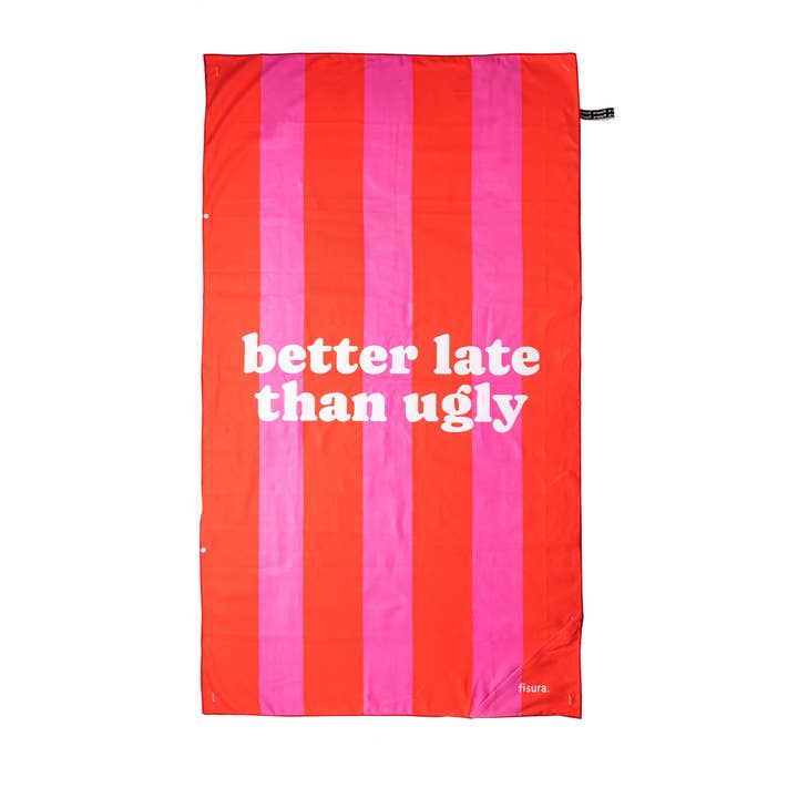 Beach towel "better late than ugly" pink and red and other Purchase Wholesale pink beach towels. Free Returns & Net 60 Terms on Faire trending on Faire.