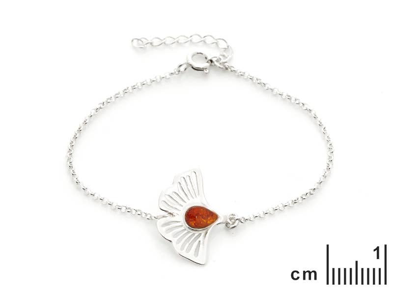 Cognac amber ginkgo bracelet, sterling silver, length 16+3.5 cm for wholesale on Faire1