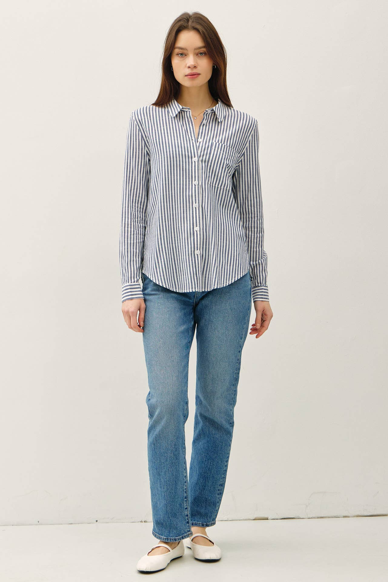 DENIM STRIPED LONG SLEEVE COLLARED BUTTON UP SHIRTS for wholesale on Faire3