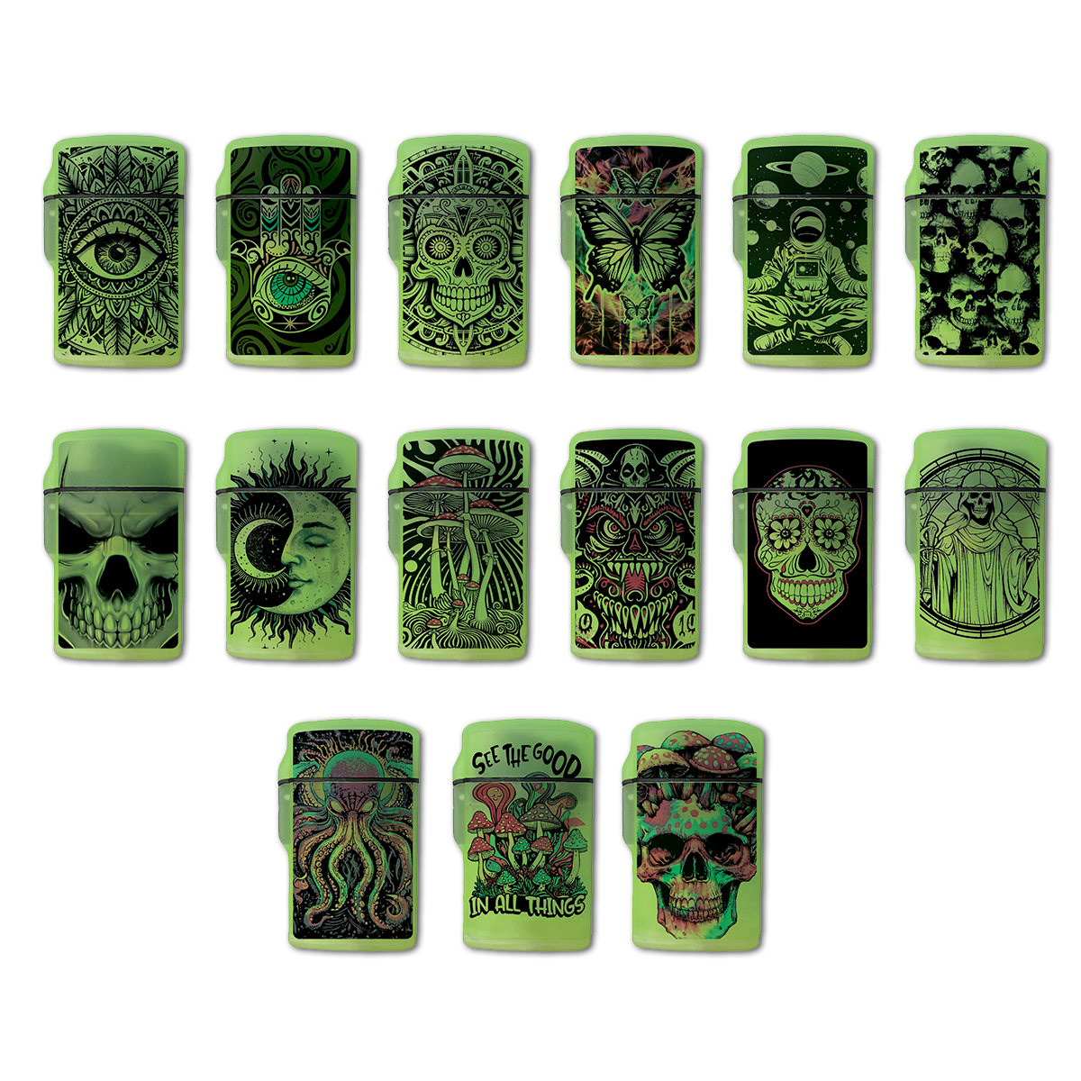 Novelty Brands - Wholesale Lighter - Glow in The Dark Flip Top Lighter Assortment - 15/Display1
