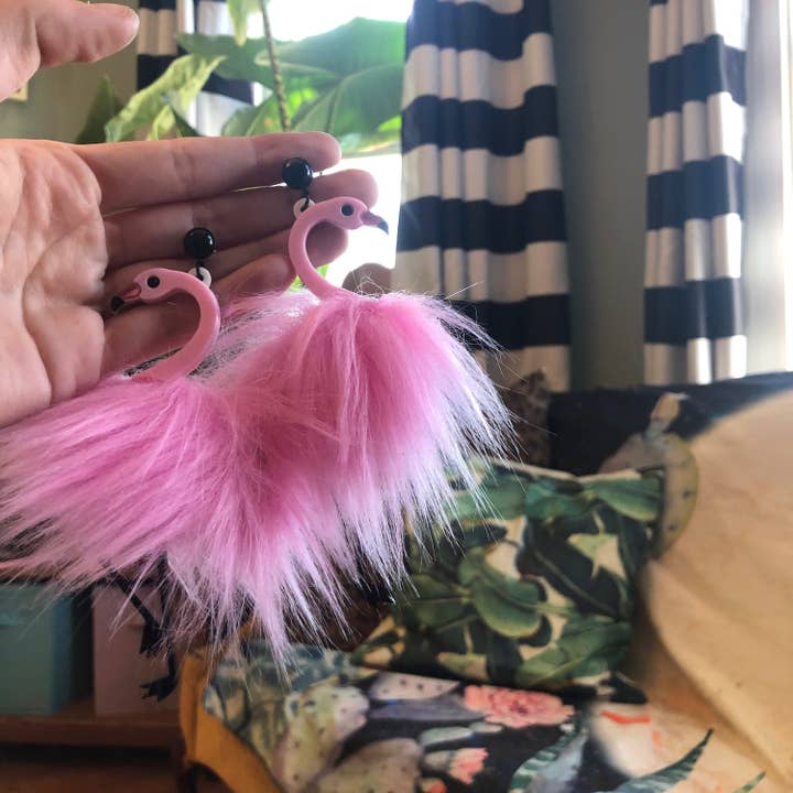 I'm Your Present – wholesale Dangle earrings – Pom Pom Fluff Pink Flamingo Earrings, Laser Cut Acrylic, Plastic Jewelry2