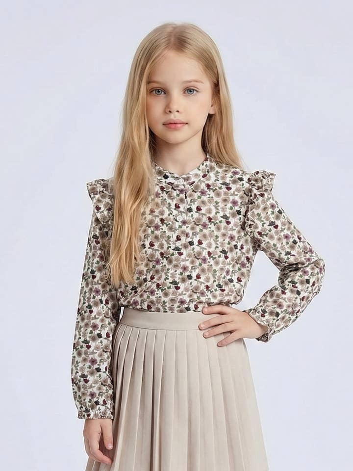 Floral long-sleeve top with ruffles for girls for wholesale by MINI MIGNON PARIS