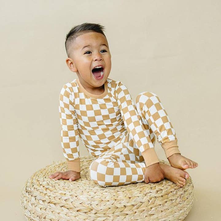 Golden Coast Check 2-teiliges Bambus-Pyjama-Set für den Großhandel von Little Joy Co.