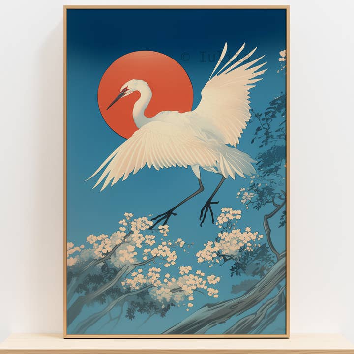 Japanese Crane Art Print – Red Sun and Cherry Blossoms Decor for wholesale by IuliiaArtPrints