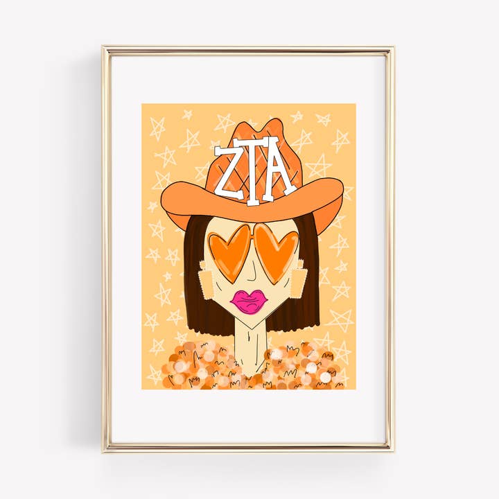 Zeta Tau Alpha - CUSTOMIZABLE Orange Funky Cowgirl - PRINT for wholesale by Made By Marissa Art