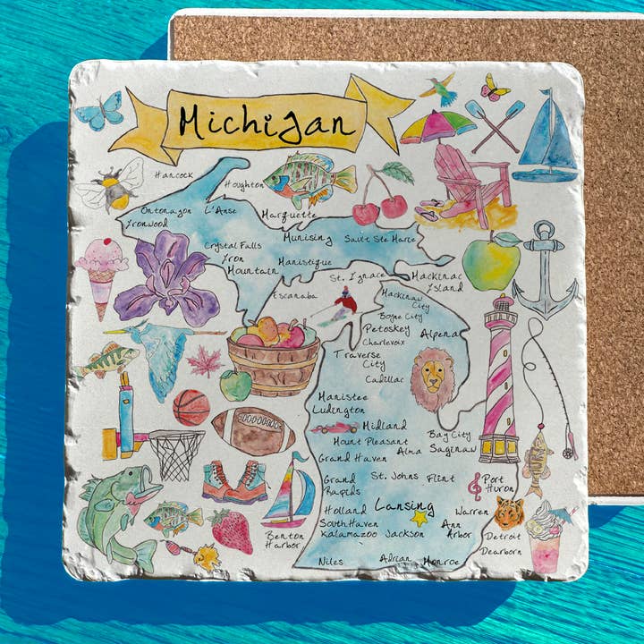 Carte des icônes de l'État du Michigan Trépied en pierre polie pour la vente par Avery's Home